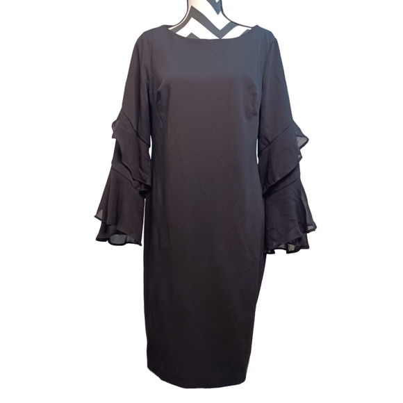 Calvin Klein Chiffon Long Sheer Bell Sleeve Round Neck Cocktail Sheath Dress - Picture 1 of 13